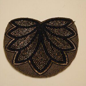 Vintage CKC Beaded Lotus Design Clutch Bag Black & Bronze Zippered Closure